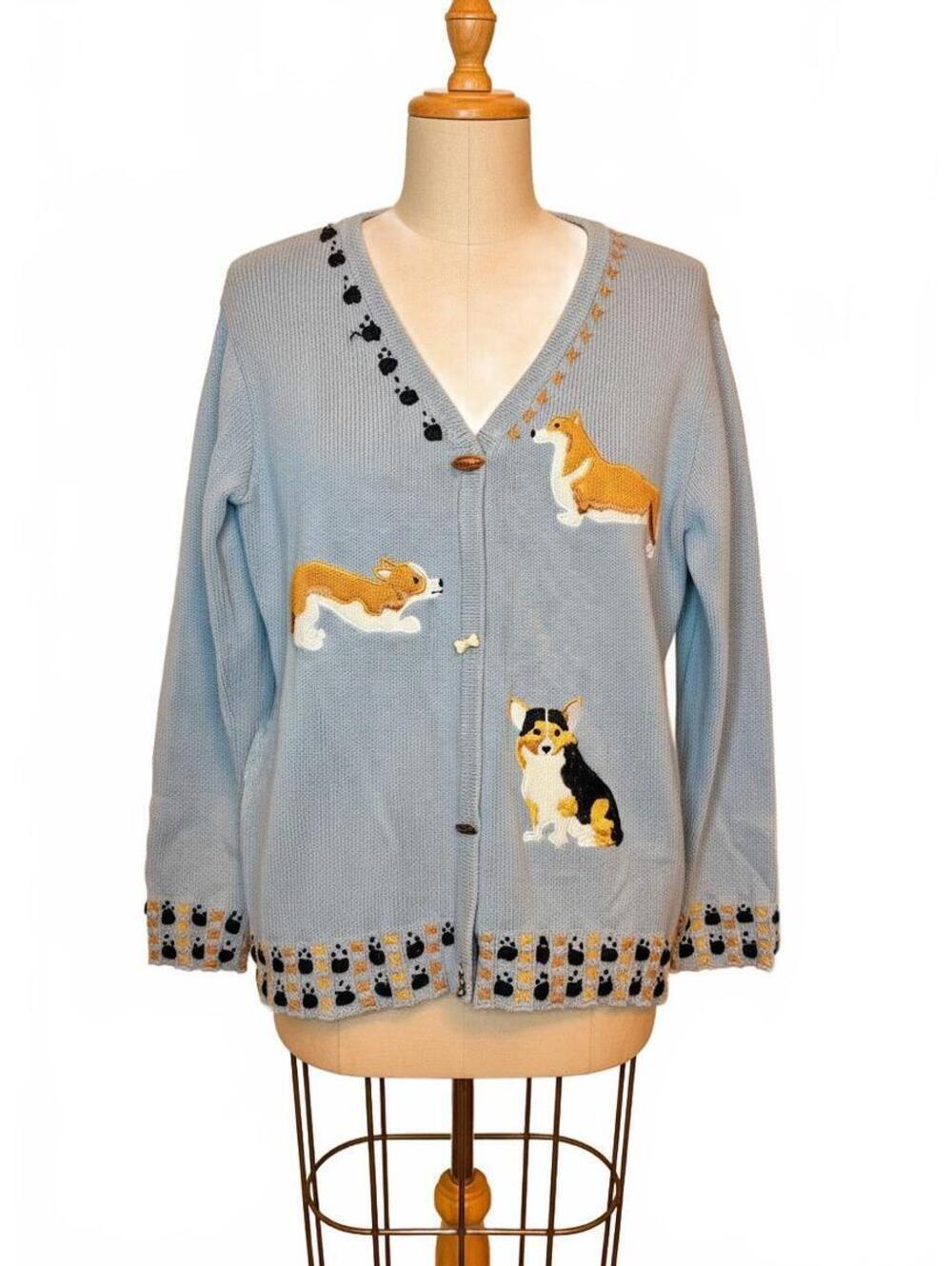Storybook Knits Vintage Light Blue Corgi Dog Embroidered Cardigan Sweater Small